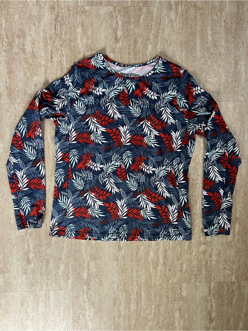 Hang Ten Swim Rash Guard Navy Red White Leaf Print Long Sleeve UPF 50 med